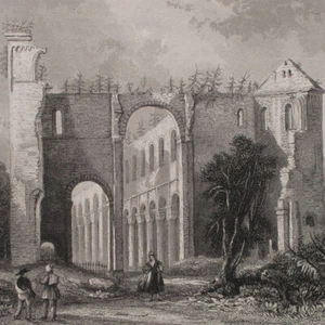 Monasterio Paulinzella Vista histórica Turingia románico grabado en acero siglo XIX - Imagen 1 de 5