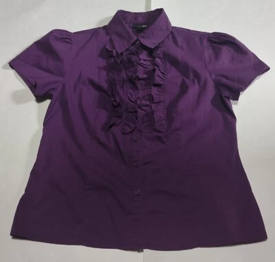 Blusa East 5th Para Mujer M Esmoquin Berenjena Volantes Frontal Manga Corta Abotonada Foto 1 de 4