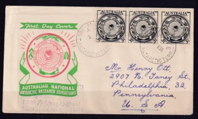 AUSTRALIA 1955 FDC 3½D AAT COMMEMORATIVE STAMP ISSUED AT MAWSON TO USA #C534 — 第 1/2 张图片