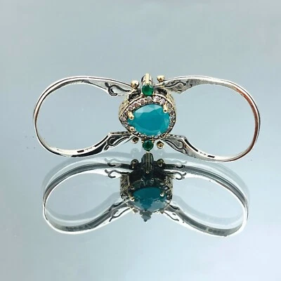 Anillo reversible de dos piedras turquesa simulada de plata de ley 925 para mujer Foto 1 de 4