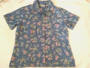 Denim Floral Shirt Women's Medium Vintage Short Sleeves Blue Classic Elements - Picture 1 of 10