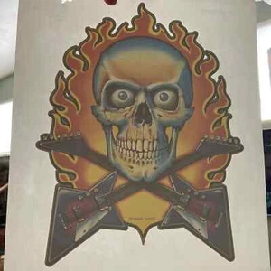 Vintage Heat Transfer Iron On Rock Rocker Guitars Skull Flames Roach 1982 - Picture 1 of 6