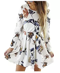 Women Floral Dress Long Sleeve Maternity Bodycon Swing Pleated Knee Length Short - Picture 1 of 7