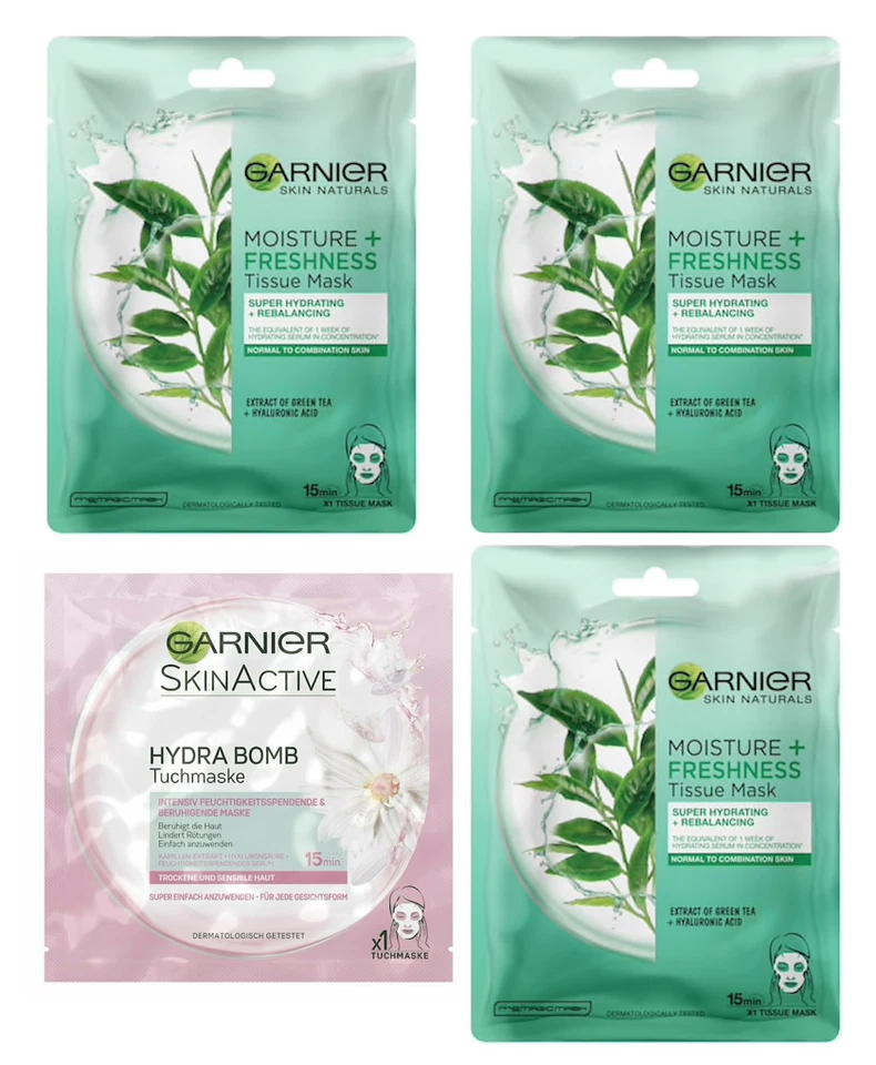 4 GARNIER SKIN ACTIVE NATURALS MASKS MIXED HYDRA BOMB & MOISTURE TISSUE - Image 1 of 1