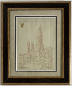 Antique Original Pen and Ink Drawing Architecture Church Cityscape Signed Framed - Picture 1 of 12