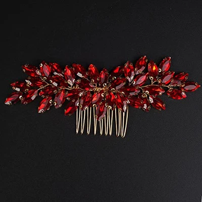  Dainty Simple Full Red Rhinestones Bride Wedding Hair Comb Luxurious Hair  - Image 1 of 4