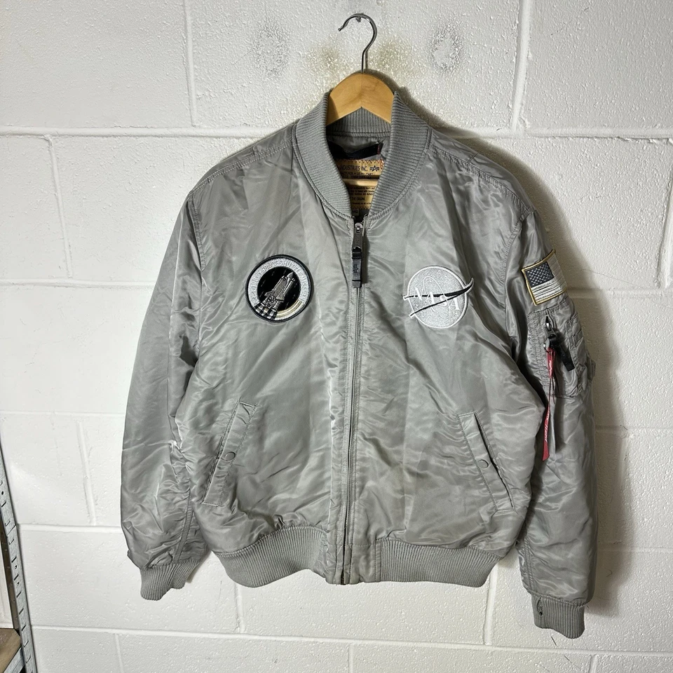 Alpha Industries Jacket Mens 2XL XXL Grey 100th Mission Space Flight NASA Bomber - Image 1 of 4