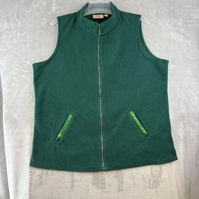 Quacker Factory Fleece Vest Womens XL Green Mock Neck Rhinestone Zip Pockets - Image 1 of 4