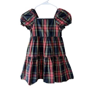 Crewcuts Girls' squareneck tiered dress in black Stewart tartan Sz 6 - Picture 1 of 6