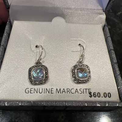 NUEVO EN CAJA Pendientes colgantes de abulón marcasita plateados en caja nuevo estilo Bali Foto 1 de 4