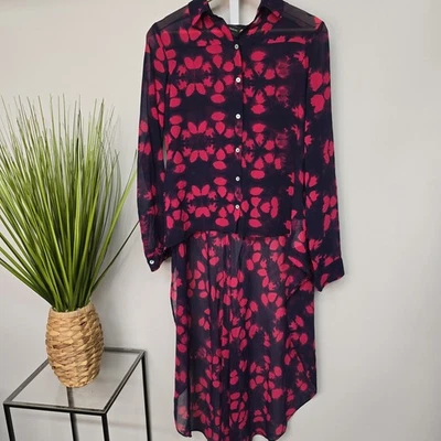 MINERAL Mujer XL Azul Marino Rosa Abstracto Transparente Abotonado Camisa Vestido Alto Bajo Foto 1 de 4