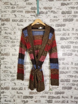 Colorful Striped Cardigan Sweater Size Large Boho Belted Cozy Fall Layer Retro - Image 1 of 4