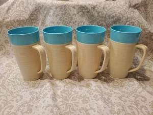 4 Vintage Gerippt Raffiaware Thermo-Temp 16 Unzen Becher Tasse Becher Aqua & Hellbraun - Bild 1 von 4
