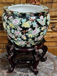 VTG Handpainted Chinese Porcelain LG Fishbowl/Cache Pot with Ornate Wood Stand - Picture 1 of 22