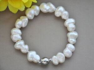 Veradorna Natural 10x15mm White Freshwater Baroque Gourd Pearl Bracelet 7.5''