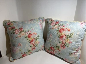 Accent Pillows Floral Roses Quilted Set of 2 16x16 in. Cottage Core Pink Cream - Picture 1 of 6