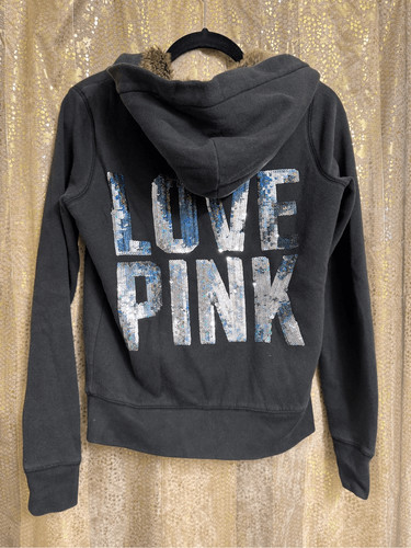 UNDERCOVER Felpa con cappuccio ROSA Victorias Secret Y2K foderata in pelliccia olografica paillettes Bling XS