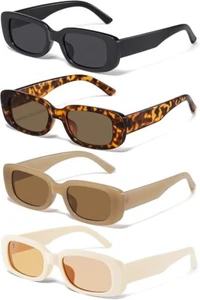 4PCS Black Leopard1 Beige Tea Rectangle Sunglasses UV400 Retro Y2k Square Frame - Picture 1 of 4