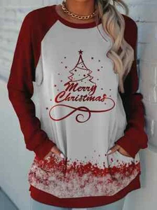 Women's Plus Size Round Neck Long Sleeved Christmas Happy Pullover - Picture 1 of 5