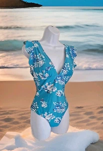 Cupshe 1 pieza. Traje de baño M azul floral cuello en V correas con volantes almohadillas extraíbles playa - Imagen 1 de 11