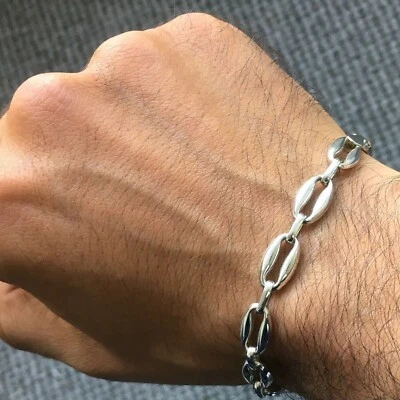 Brazalete de cadena de eslabones de plata 8 mm chapado en rodio 925 joyería turca de ley para hombre Foto 1 de 4