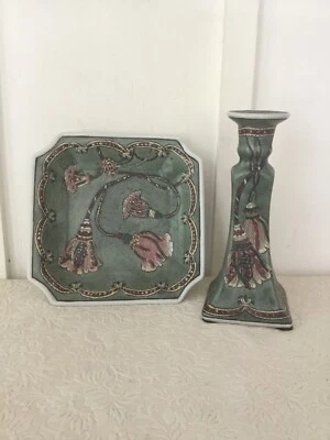 Vintage Set of Chinoiserie Green Tassel Pattern Candlestick And Plate - Image 1 of 4