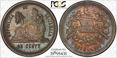 1893 Guatemala 25 Centavos Silver PCGS AU 53 Beautiful toning Cover