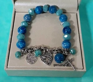 NEU ~ BLAUER STEIN GLAUBE KREUZ HERZ CHARM STRETCH ARMBAND  - Bild 1 von 3