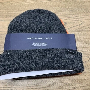 American Eagle Adult Unisex 2 Pack Knit Gray and Orange Beanie Hat - Picture 1 of 3