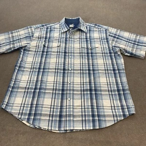 vtg Wrangler Shirt Mens 2XL Blue Plaid Short Sleeve Denim Pearl Snap Western - Picture 1 of 12