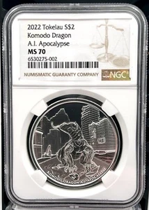2022 Tokelau $2 Komodo Dragon A.I. Apocalypse 1 oz .999 Silver Coin - NGC MS 70 - Picture 1 of 4