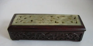 Antique Chinese Hardwood and inlaid jade box Stamp 5" x 1 5/8" x 1 1/4" - Picture 1 of 13