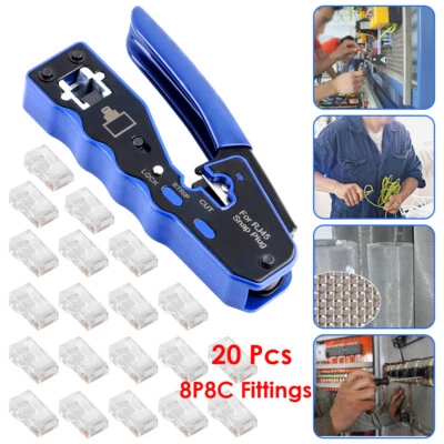 RJ45 EZ Pass Through Crimping Tool Crimper + 20 Connectors LAN CAT 5 5E 6 6A - Image 1 of 4
