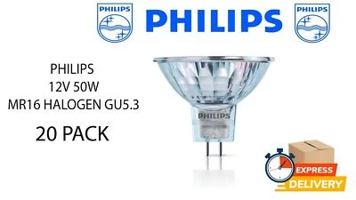 20 X PHILIPS 12V 50 WATT MR16 DIMMABLE HALOGEN LAMP BULB SPOT WHITE LOW VOLTAGE - Image 1 of 2