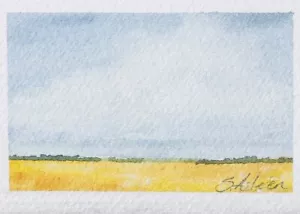 ACEO Watercolor Painting Landscape Big Sky Country Golden Field Tree Line Signed - Picture 1 of 2