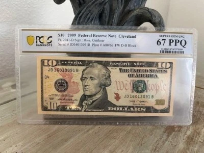2009 $10 Federal Reserve Note Cleveland D B Block PCGS 67 Superb Gem Unc - Image 1 of 2