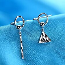 Pure Platinum 950 Stud Women Carved Triangle Circle Stick Dangle Earrings 2.3g
