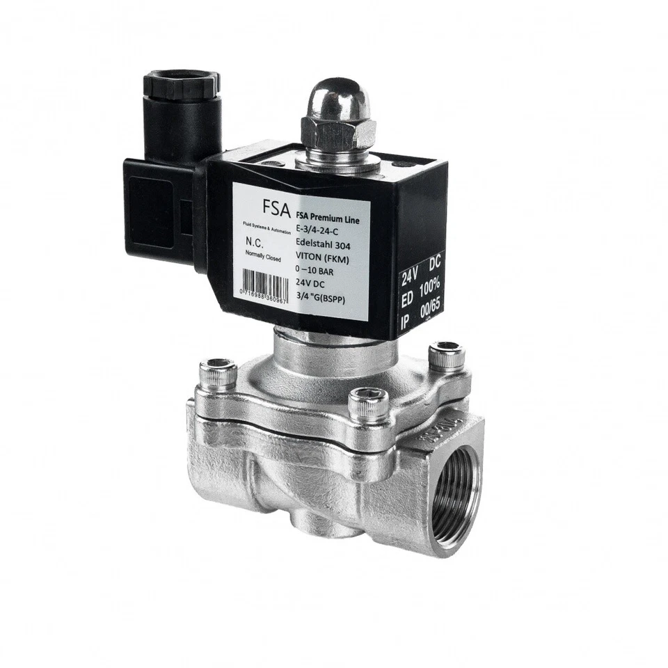 FSA Magnetventil Edelstahl 304 3/4" 24V DC 0-10 bar Viton stromlos geschlossen