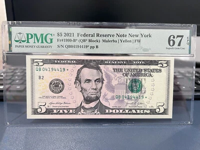 2021 $5 Federal Reserve Note New York Star Note PMG67 Birthday April 19, 1944 CG - Image 1 of 3
