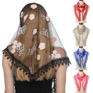 Women Church Prayer Shawl Embroidered Lace Veil Flower Fringed Triangle Scarf # - Picture 1 of 28