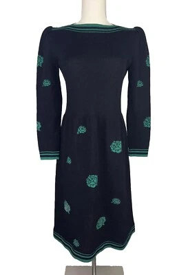 Vestido Floral Tejido Negro Verde Vintage ADOLFO at Saks Fifth Ave Mezcla Lana Foto 1 de 4