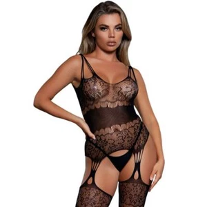 Floral Net Suspender Bodystocking Strappy Cut Outs Sleeveless Crotchless 2059 - Picture 1 of 6
