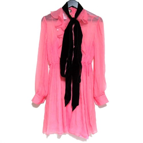 Abito Gucci 22Aw lunghezza ginocchio nastro cravatta seta trasparente chiffon volant 703526 38 S Rp