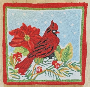 Cardinal Poinsettia Snow Christmas Hooked Needlework Pillow Cover, Zipper 18" sq - Picture 1 of 4