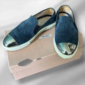 Miu Miu Women's Slip-On Sneakers Navy Suede Metal Steel Toe Size 35.5 US 5.5 - Picture 1 of 6
