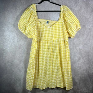 Old Navy Mini Dress Womens 2XL Yellow White Checkered Babydoll Cottagecore Boho - Picture 1 of 9