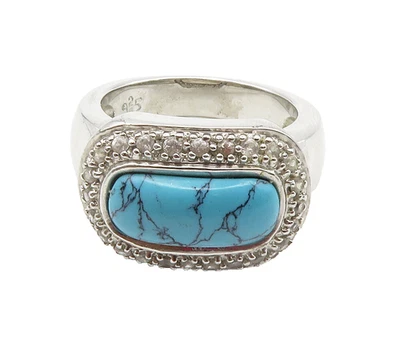 925 Sterling Silver  Turquoise & Topaz Shiny Dome Cocktail Ring Sz 8  RG15350 - Image 1 of 4