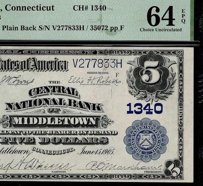 1902 $5 Fr#598 The Central NB of Middletown Connecticut PMG 64 EPQ Charter #1340 - Image 1 of 4