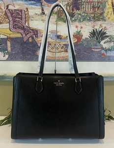 KATE SPADE MADISON LARGE LAPTOP TOTE SHOULDER BAG PURSE BLACK LEATHER GOLD WORK - Picture 1 of 15
