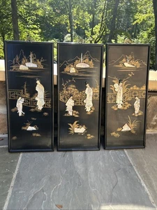 Arte de pared con panel de laca negra oriental vintage - 3 paneles - Imagen 1 de 15